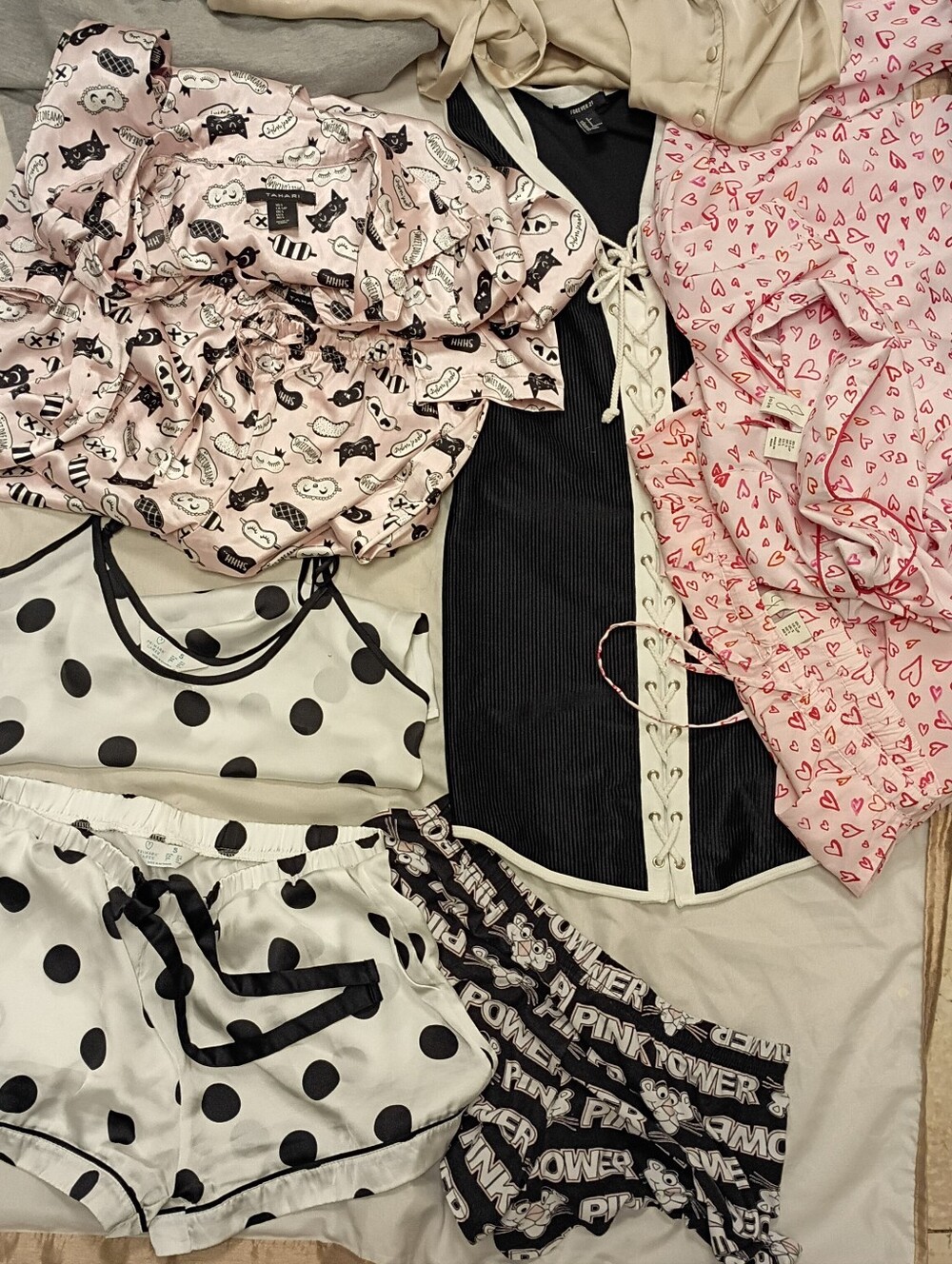 Assorted Sleepwear Set - Polka Dot Satin Shorts & Pink Heart Top More
